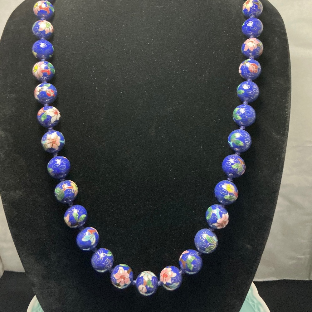 High Quality 26" Blue Floral Cloisonné Bead Necklace Locking Clasp